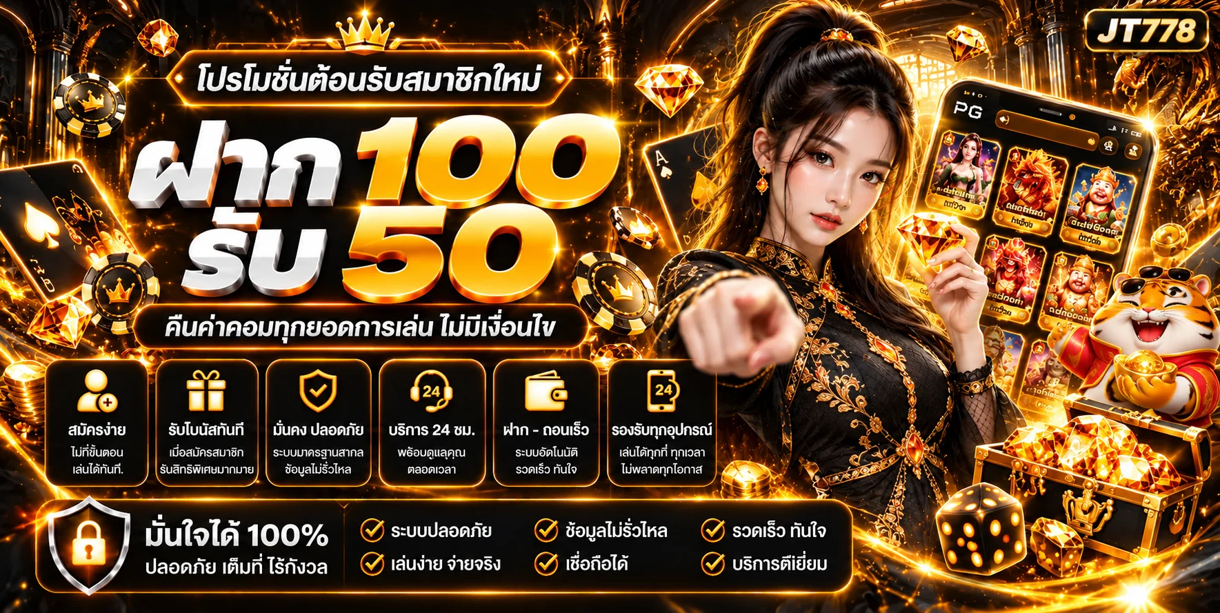 แบนเนอร์ jt778 สล็อต PG Soft โทนส้มดำ